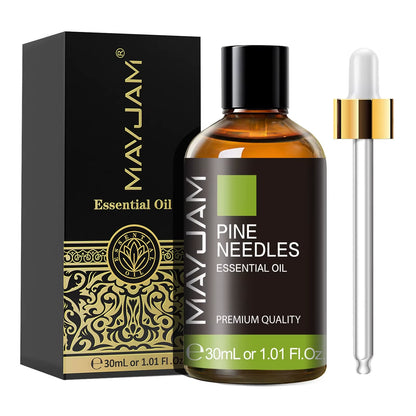 MayJam Pine Needles essential oil bottle with dropper and packaging on a white background