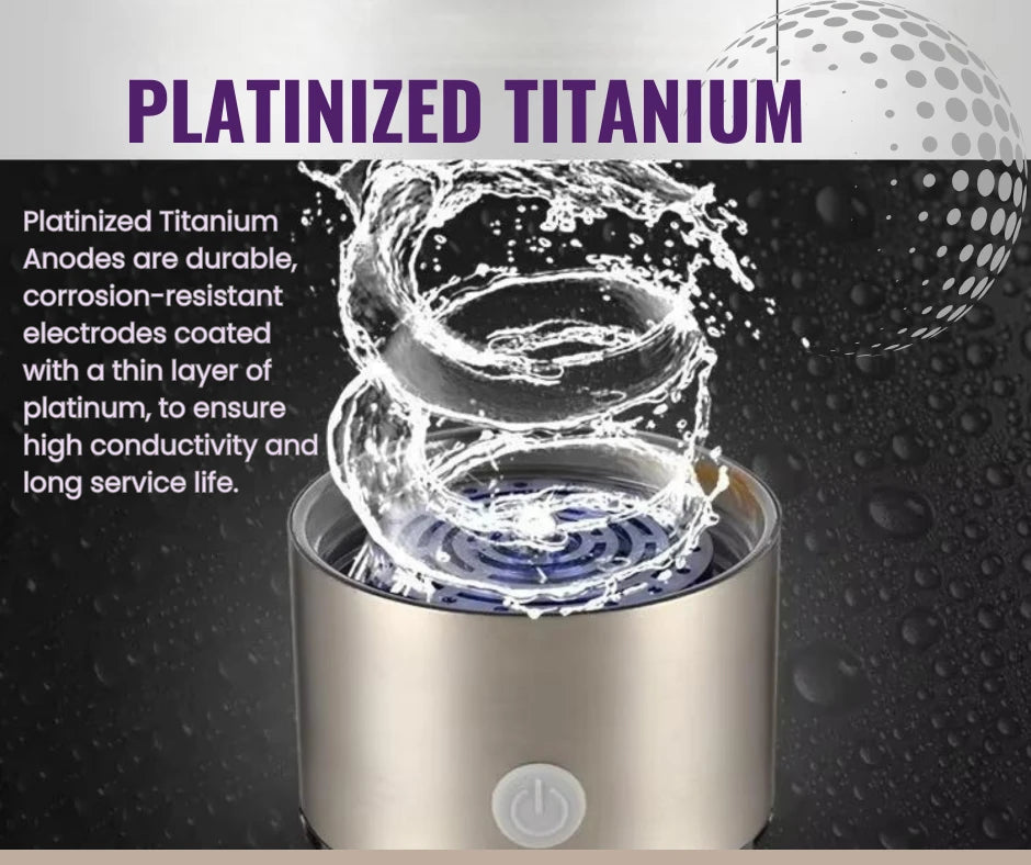 Product with platinized titanium feature and water droplets on a dark background