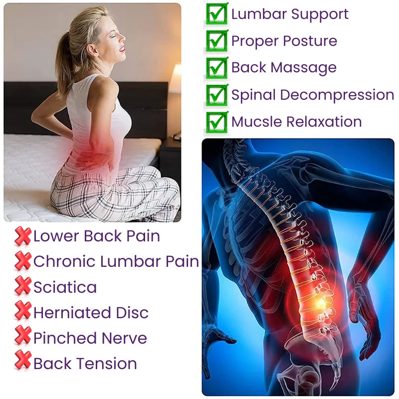 Woman with back pain sitting on a bed, accompanied by images of a spine and text about back health solutions.