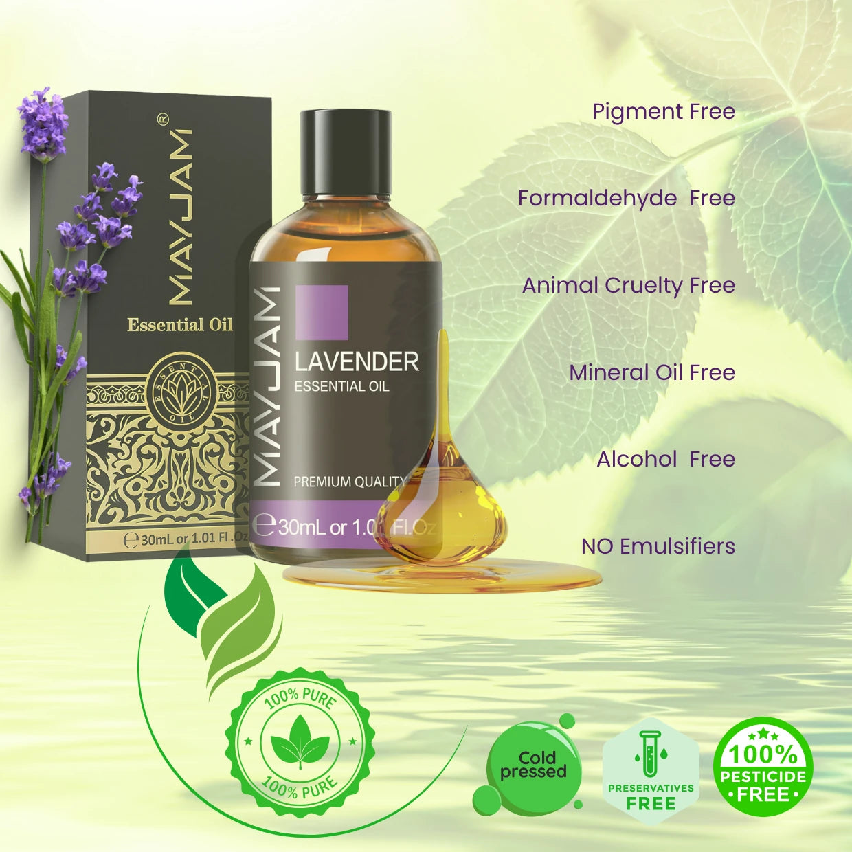 MayJam Lavender essential oil bottle and packaging with product features on a green leafy background