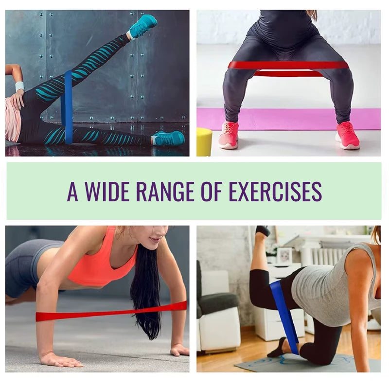 Collage of people performing exercises with resistance bands in various settings.