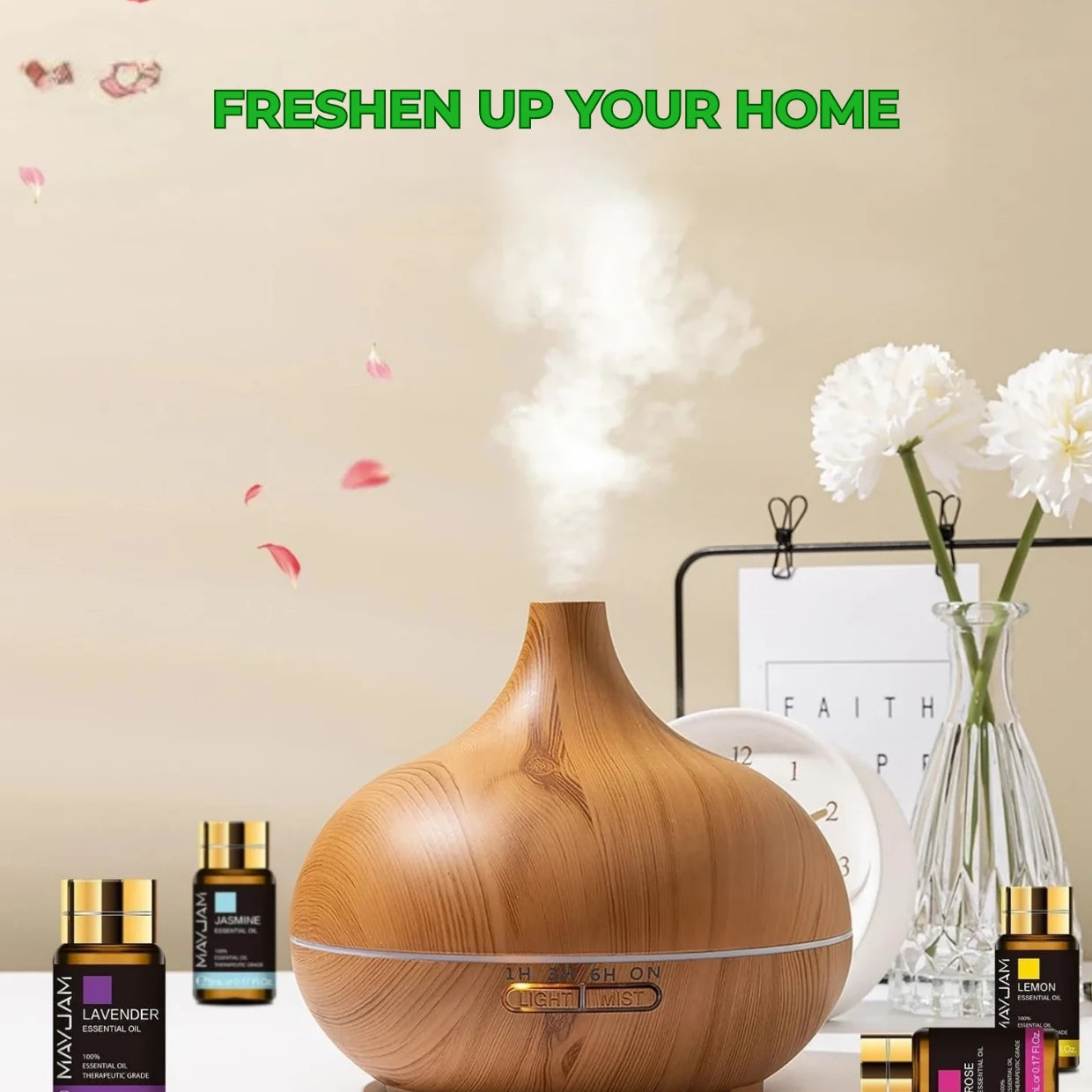 Wooden diffuser emitting mist with decorative items on a table, text 'Freshen Up Your Home' at the top.