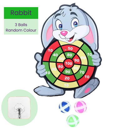 Children's target board toy shaped like a rabbit with colorful sticky balls and mounting hook on a white background