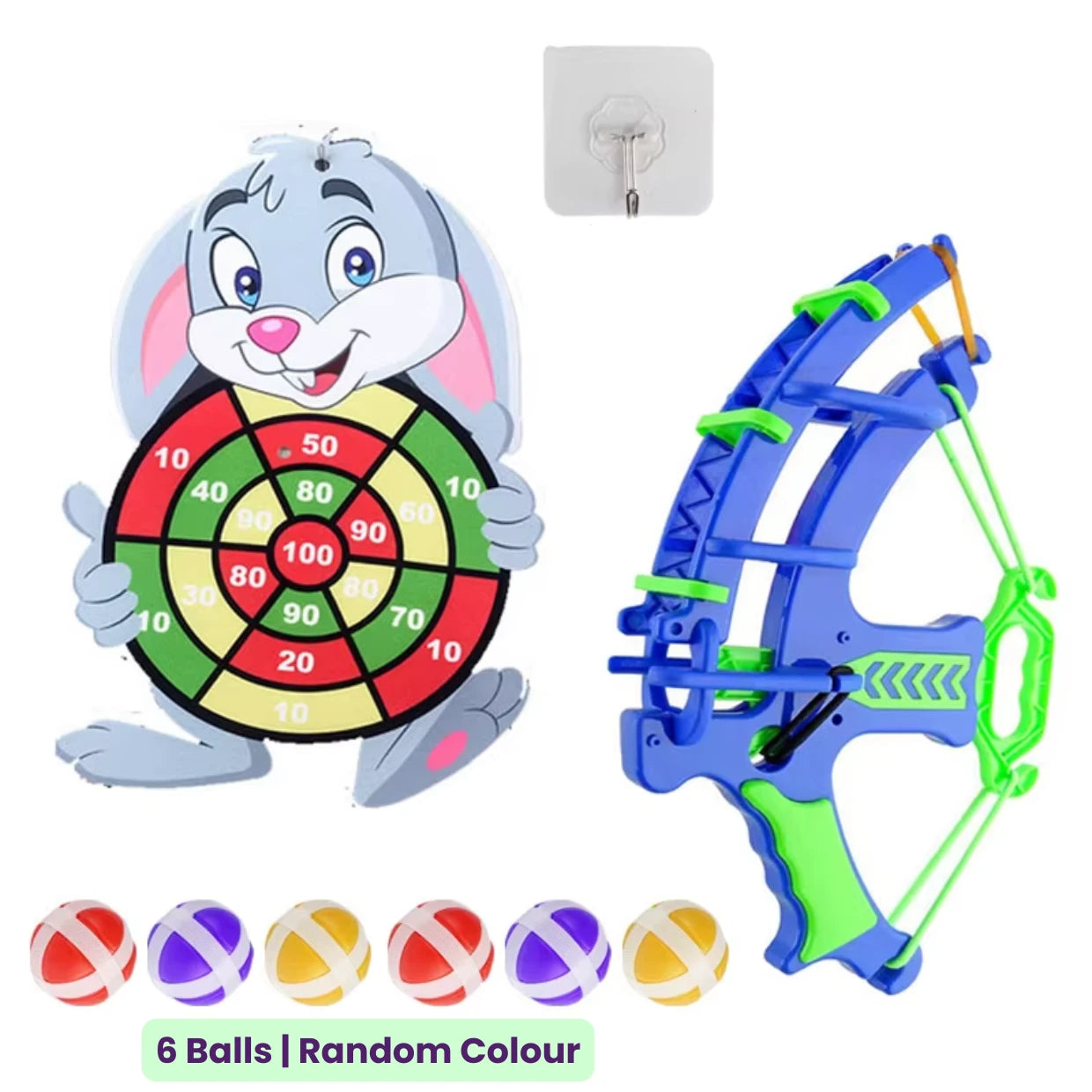 Toy target board set with a rabbit-shaped target, green and blue bow, six colorful sticky balls and mounting hook on a white background.