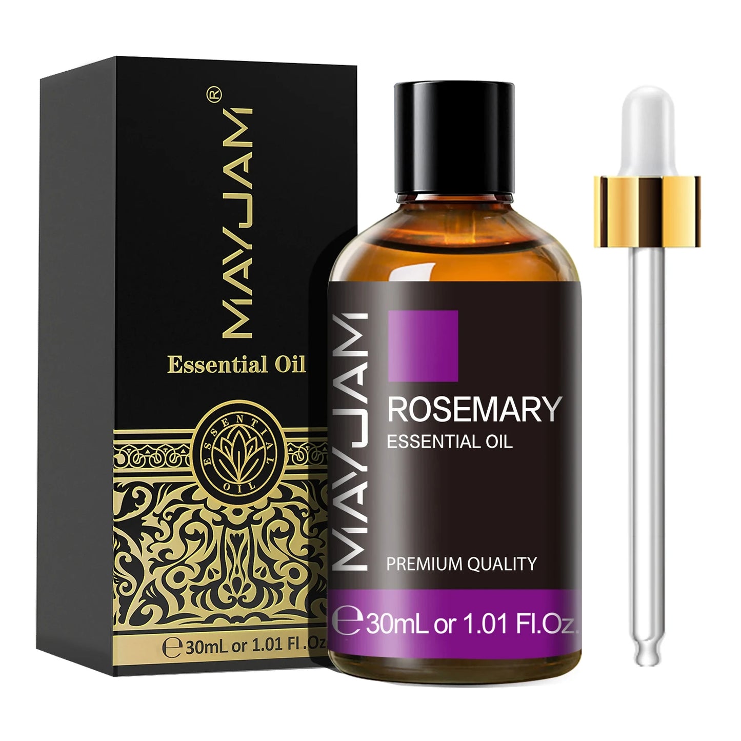 MayJam Rosemary essential oil bottle with packaging and dropper on a white background