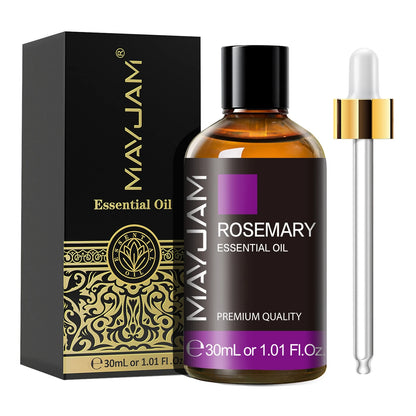 MayJam Rosemary essential oil bottle with packaging and dropper on a white background