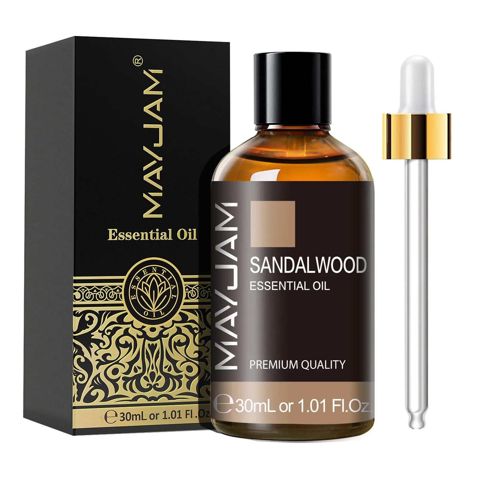 MayJam Sandalwood essential oil bottle with packaging and dropper on a white background