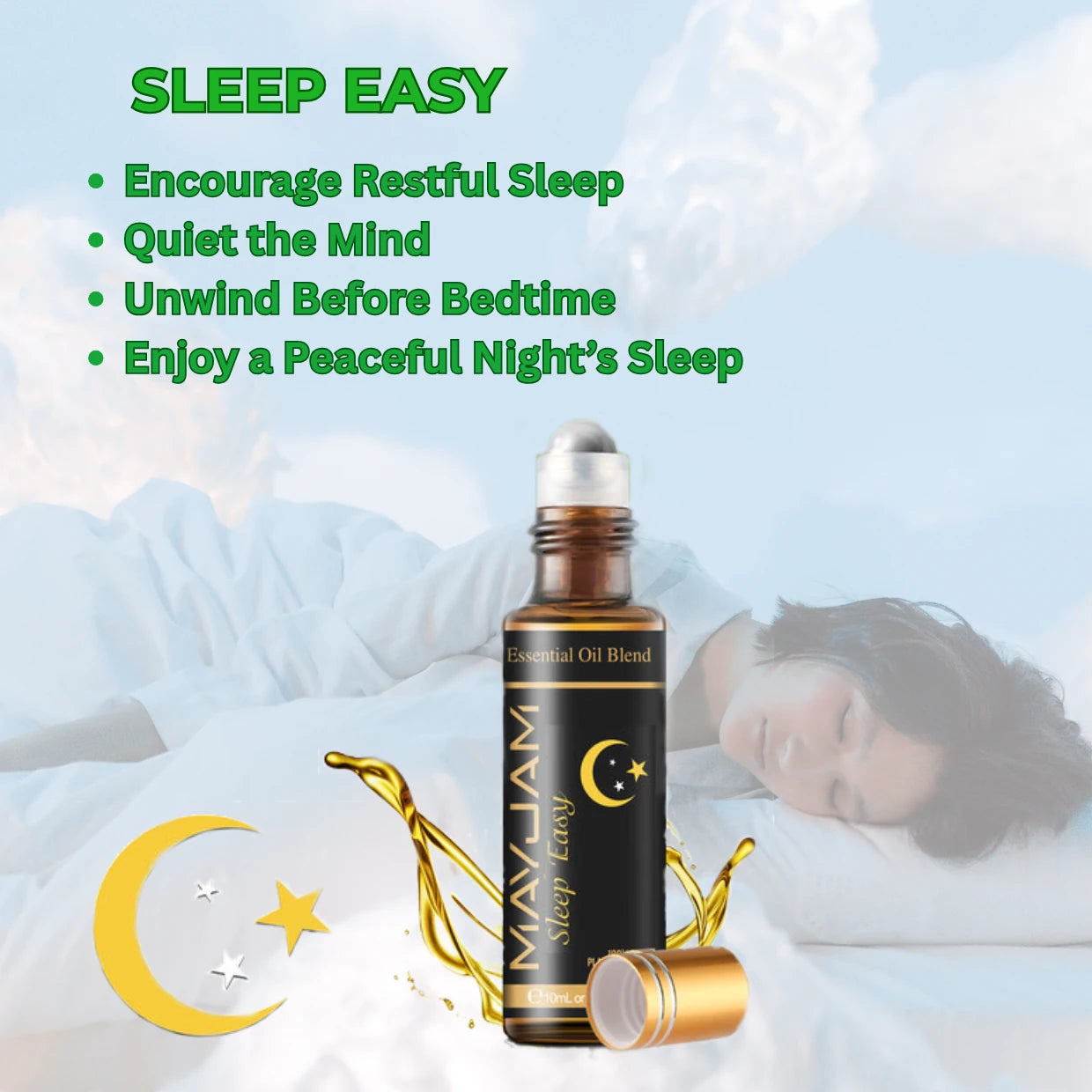 Sleep Easy essential oil blend bottle with a person sleeping in the background