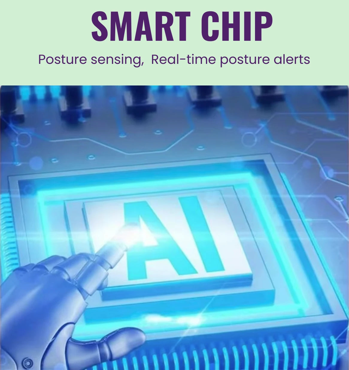 Smart chip with AI on a futuristic background, highlighting posture sensing and real-time alerts.