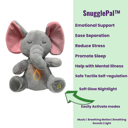 Gray elephant plush toy with pink ears and a green label detailing features on a white background