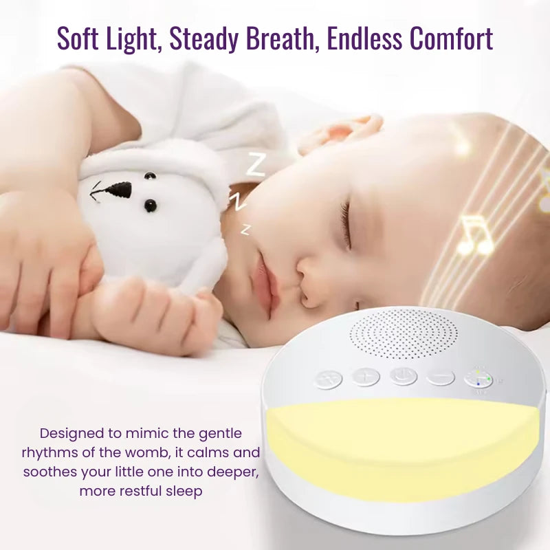 Baby sleeping with a white noise machine and plush toy, with text about comfort and sleep.