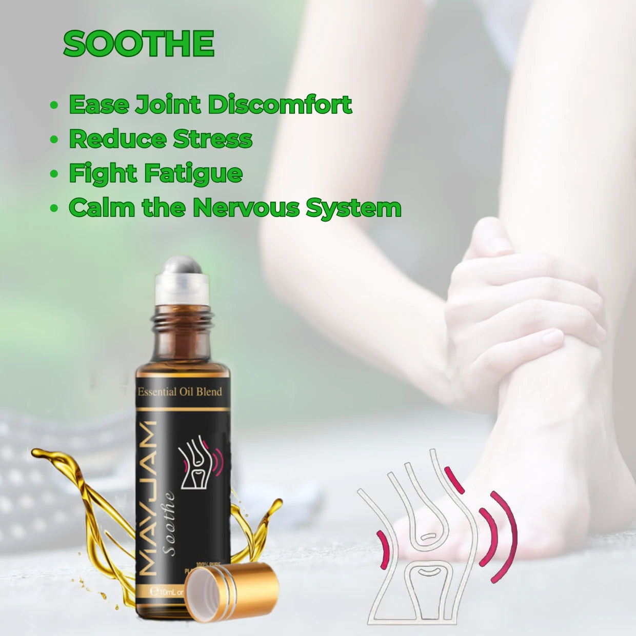 Roll-on bottle with essential oil blend for joint discomfort, stress, fatigue, and nervous system calmness.