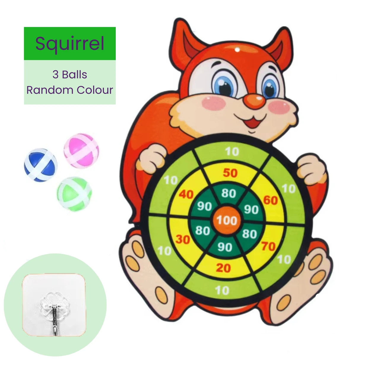 Children's target board toy shaped like a squirrel with colorful sticky balls and mounting hook on a white background