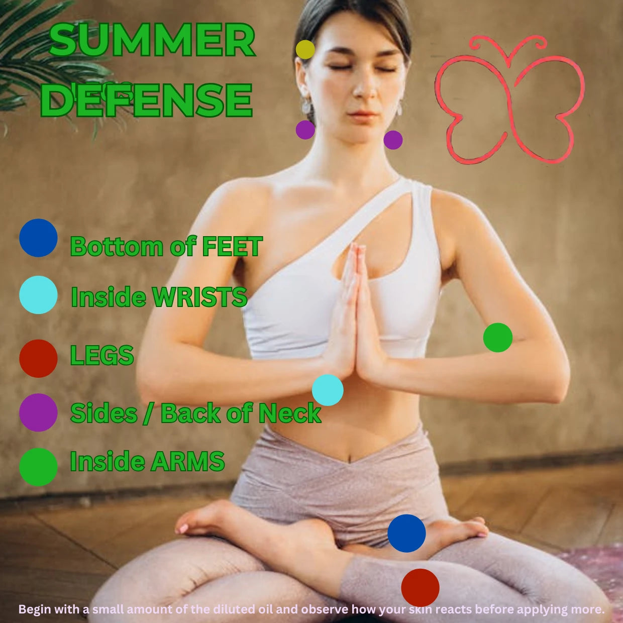 Woman in a yoga pose with labeled body parts and 'Summer Defense' text on a beige background.