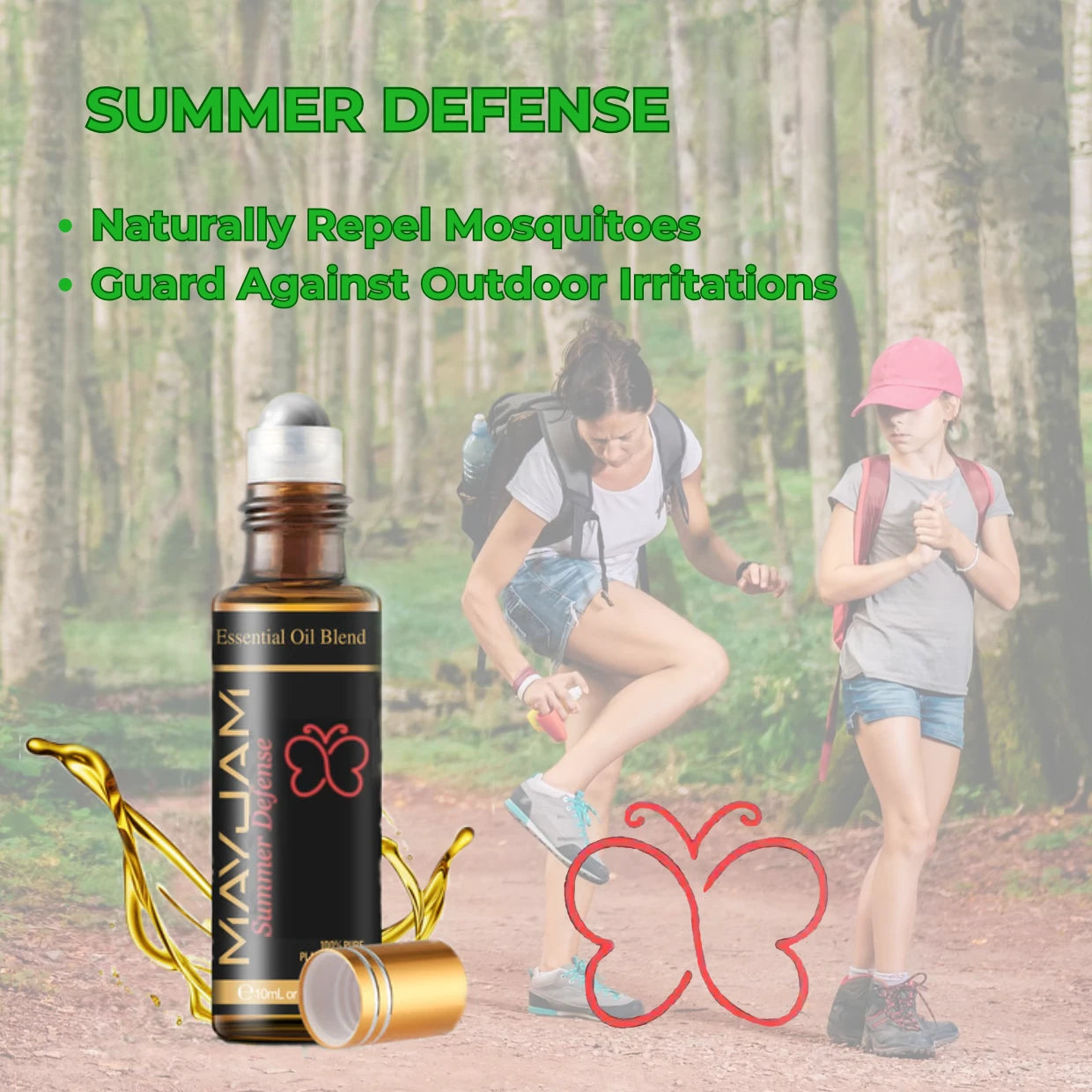 MayJam essential oil blend bottle with children hiking in a forest, promoting mosquito repel and irritation guard.