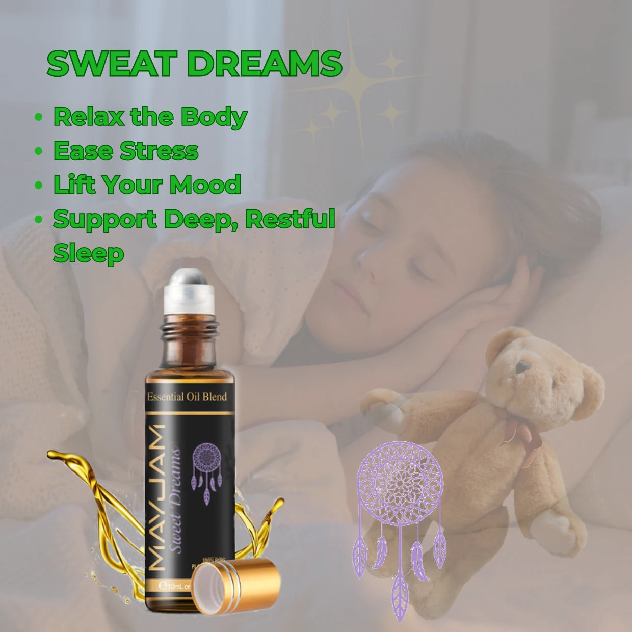 Essential oil blend bottle with a woman sleeping in the background, featuring text about product benefits.