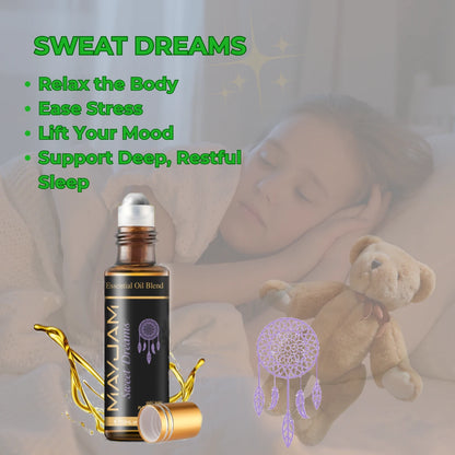 Essential oil blend bottle with a woman sleeping in the background, featuring text about product benefits.