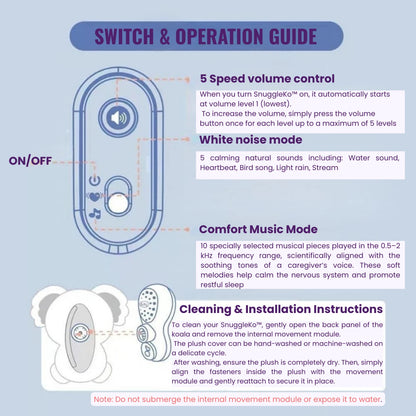 Switch & Operation Guide for koala with volume control, white noise mode, comfort music mode, and cleaning/installation instructions.