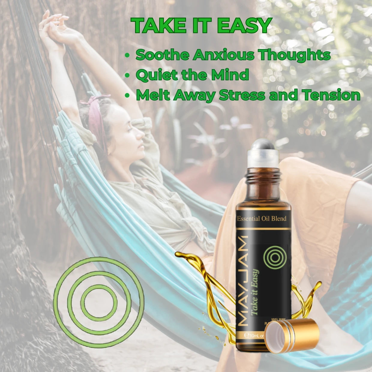 Essential oil blend bottle with a woman relaxing in a hammock, text about stress relief.