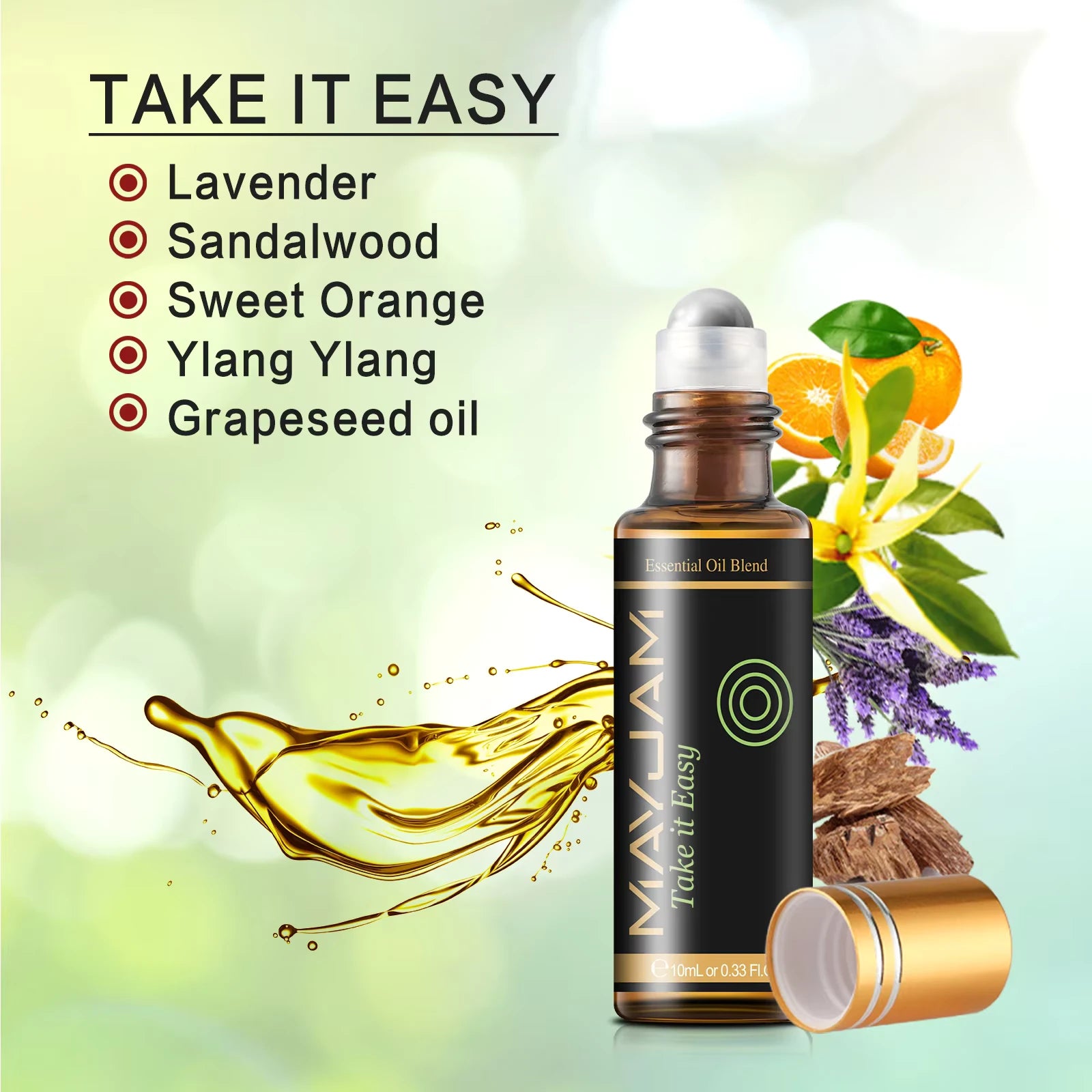 Essential oil blend roll-on bottle with oils mixture for "take it easy" shown in text