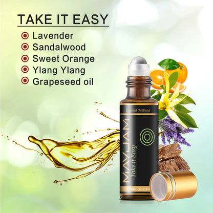 Essential oil blend roll-on bottle with oils mixture for "take it easy" shown in text