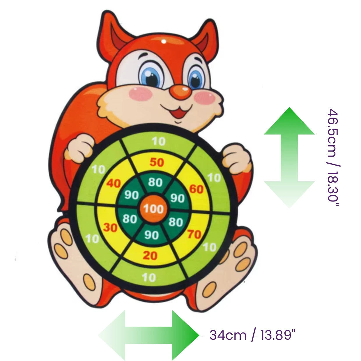 Cartoon squirrel holding a target board with measurements indicated
