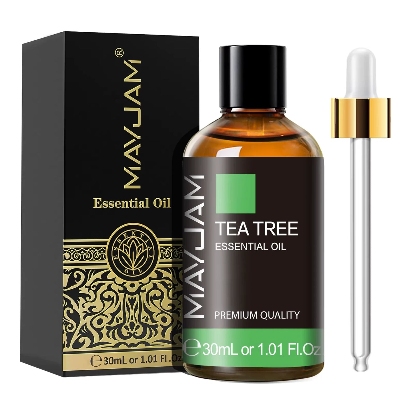 MayJam Tea Tree Essential Oil bottle and packaging on a white background