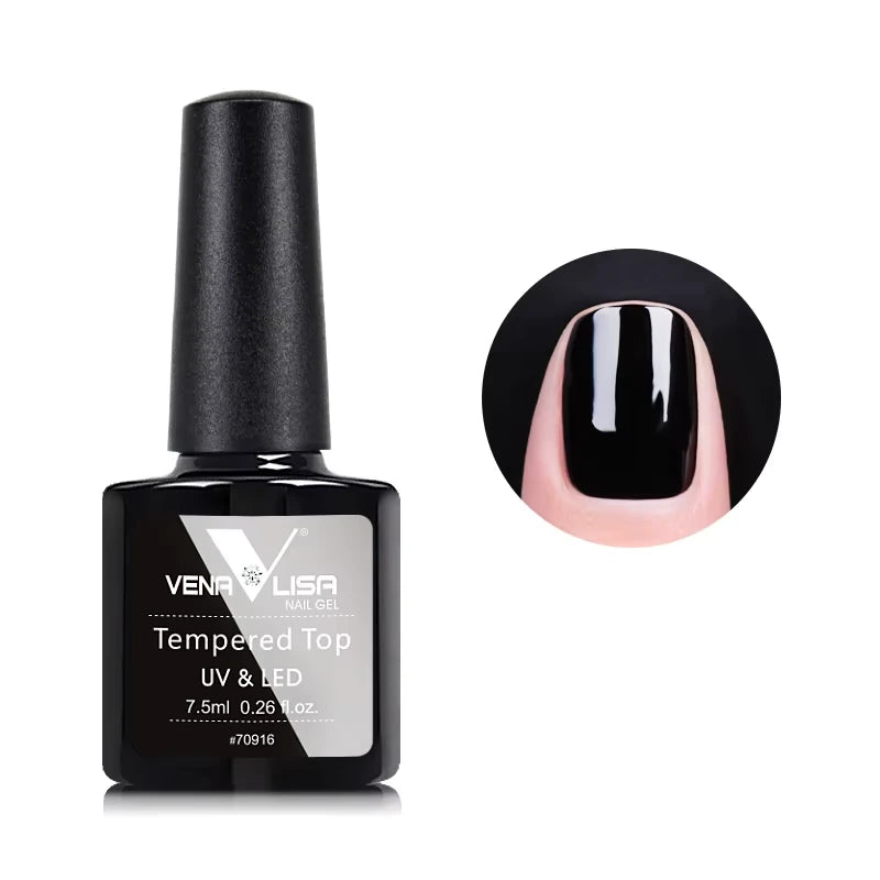 VenaLisa tempered top nail gel bottle with a close-up of a black nail on a white background