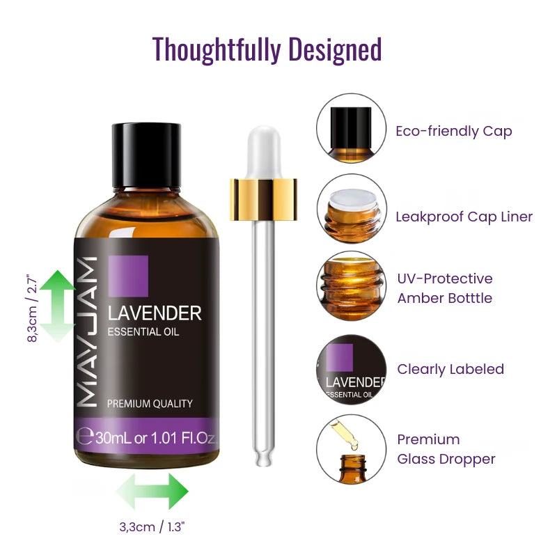 MayJAM lavender essential oil bottle with dropper and features listed on a white background