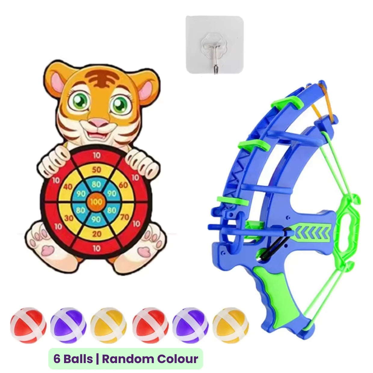 Toy target board set with a tiger-shaped target, green and blue bow, six colorful sticky balls and mounting hook on a white background.