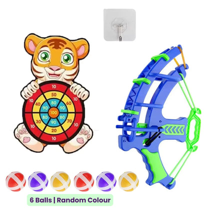 Toy target board set with a tiger-shaped target, green and blue bow, six colorful sticky balls and mounting hook on a white background.