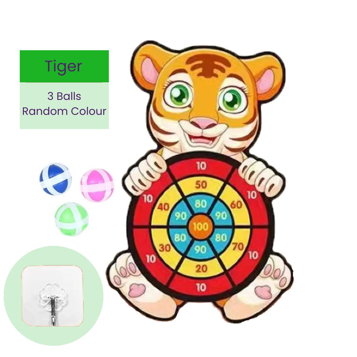 Children's target board toy shaped like a tiger with colorful sticky balls and mounting hook on a white background