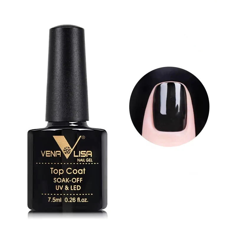 VenaLisa nail gel top coat with a close-up of a black nail on a white backround