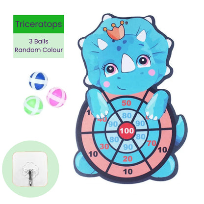 Children's target board toy shaped like a triceratops dinosaur with colorful sticky balls and mounting hook on a white background