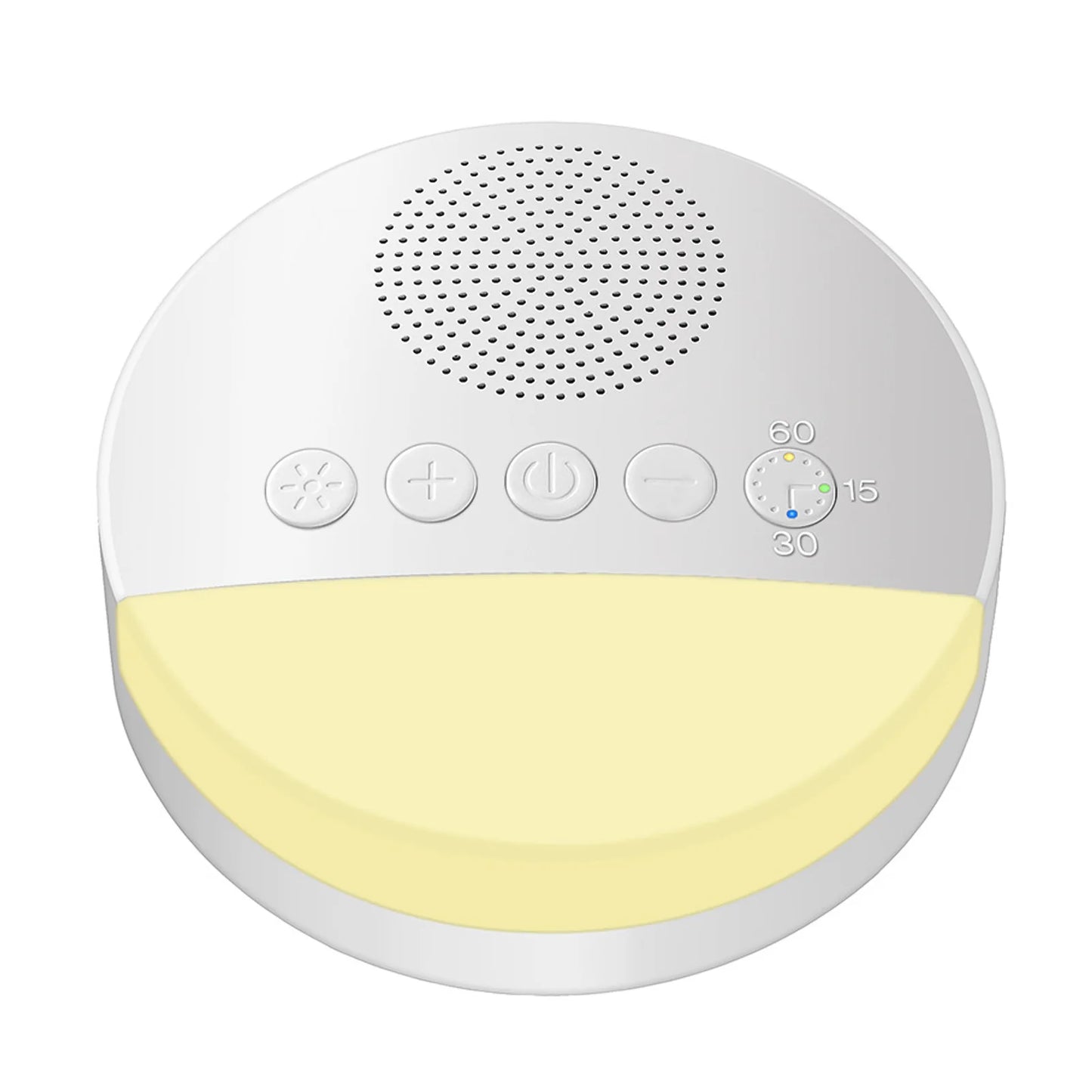 round usb white noise machine with control buttons and usb port with light on on a white background