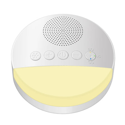 round usb white noise machine with control buttons and usb port with light on on a white background
