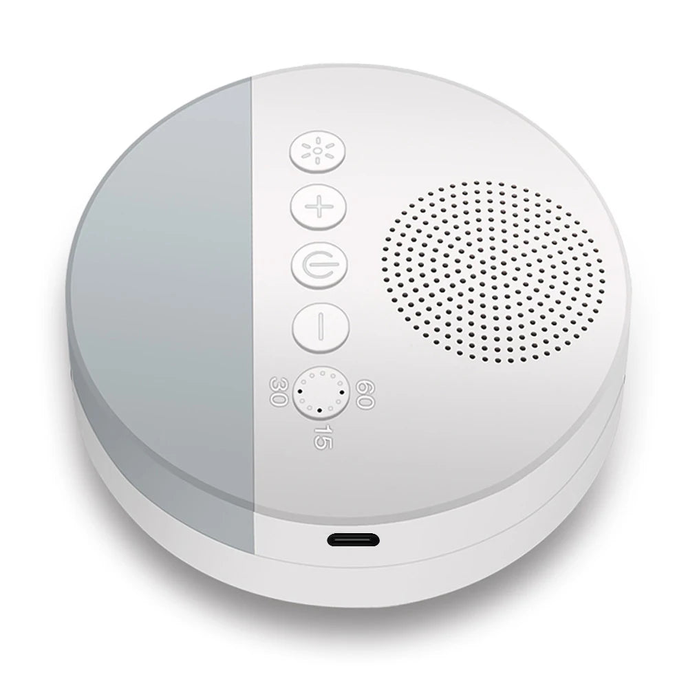 round usb white noise machine with control buttons and usb port with light off on a white background