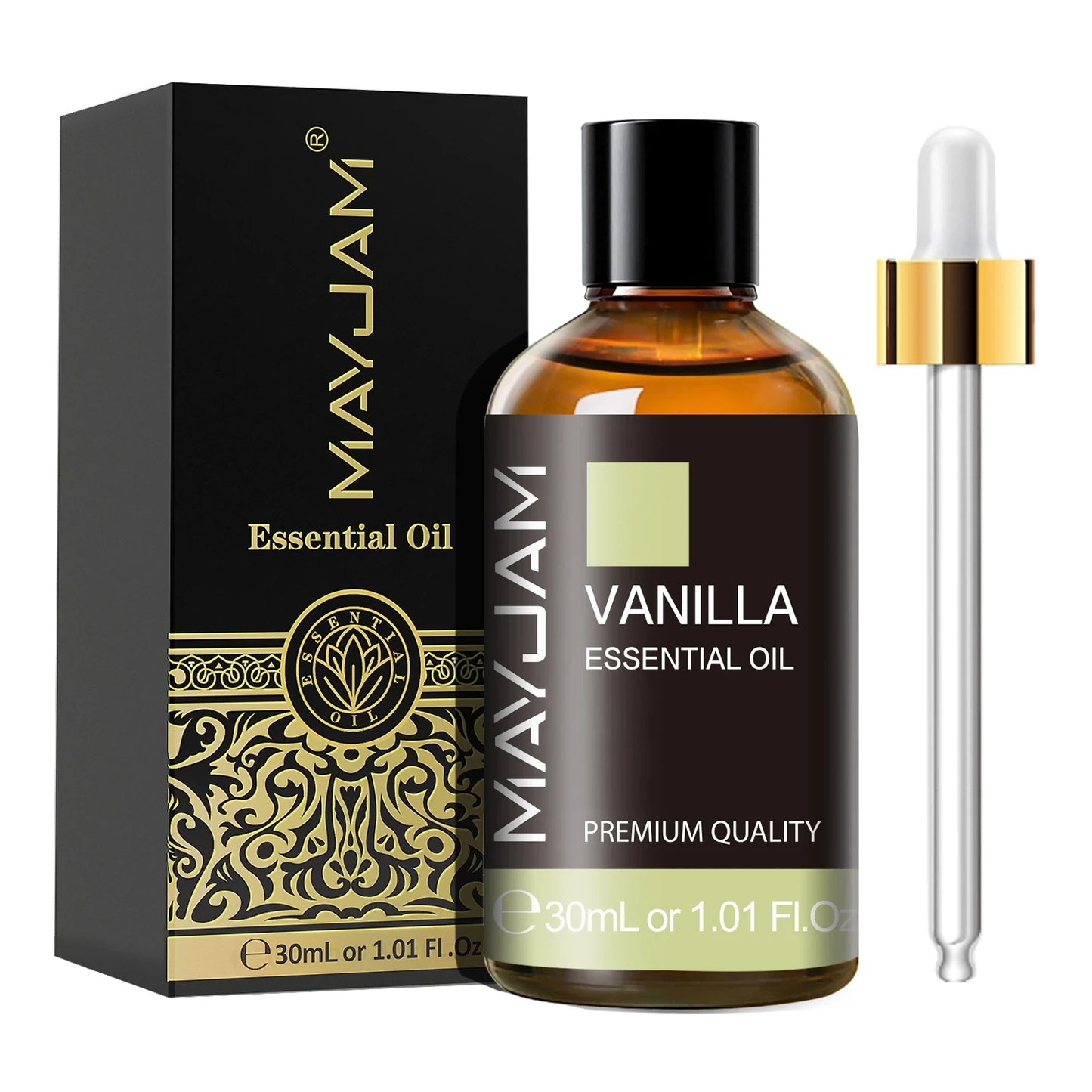 MayJam Vanilla essential oil bottle with dropper and packaging on a white background