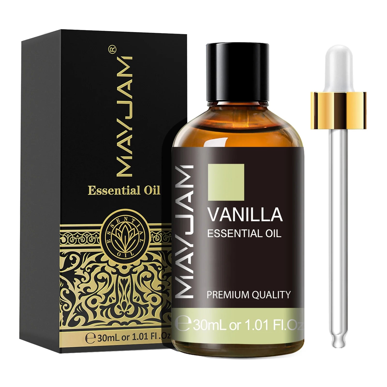 MayJam Vanilla essential oil bottle with dropper and packaging on a white background