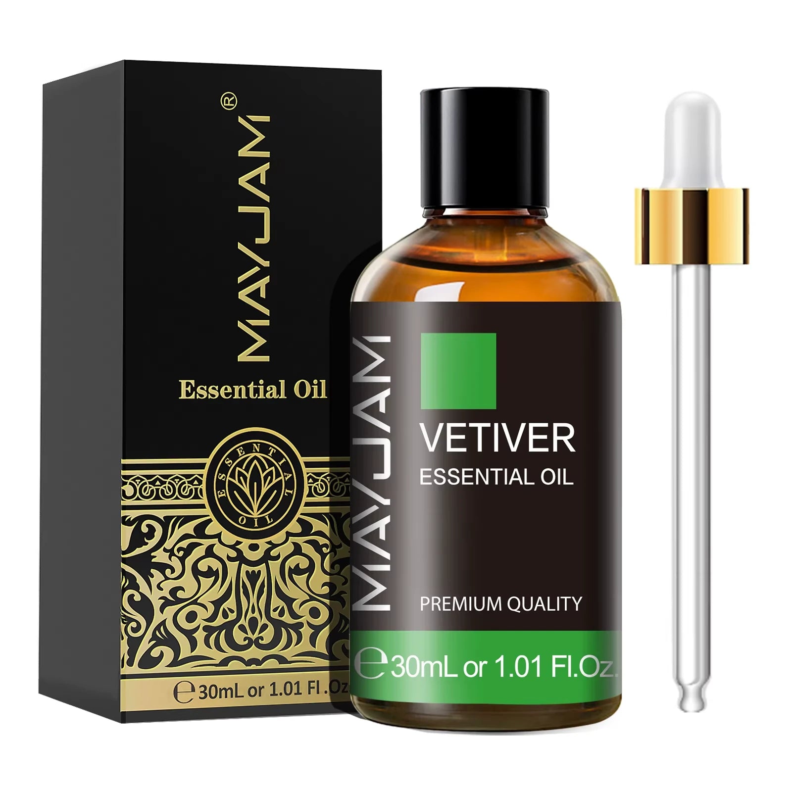 MayJam Vetiver essential oil bottle and packaging on a white background