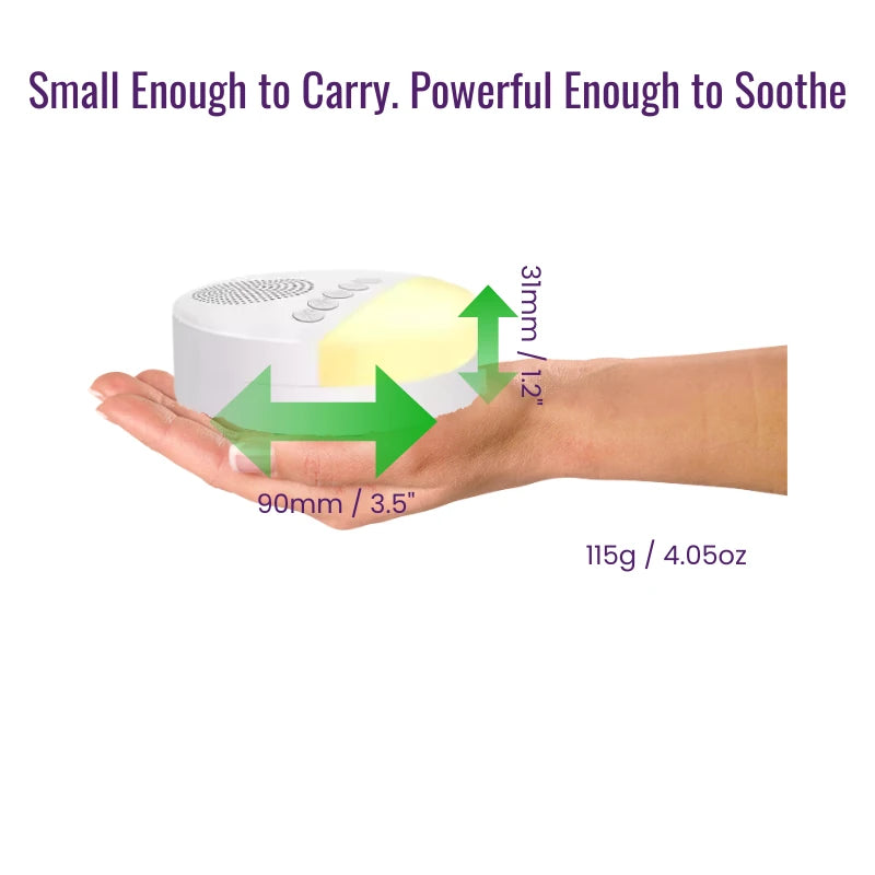 White noise machine held in a hand with measurements and text on a white background