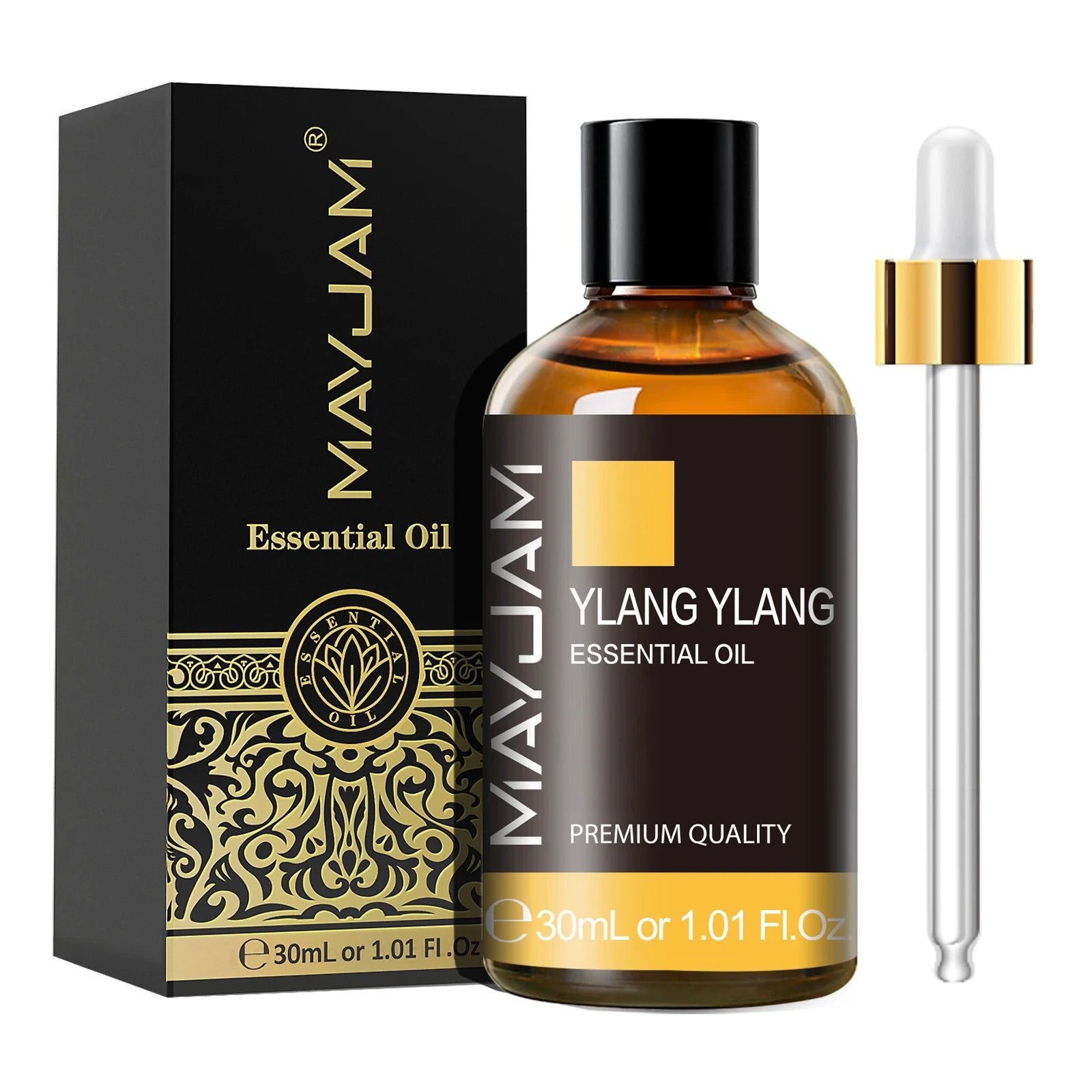 MayJam Ylang Ylang essential oil bottle with dropper and packaging on a white background