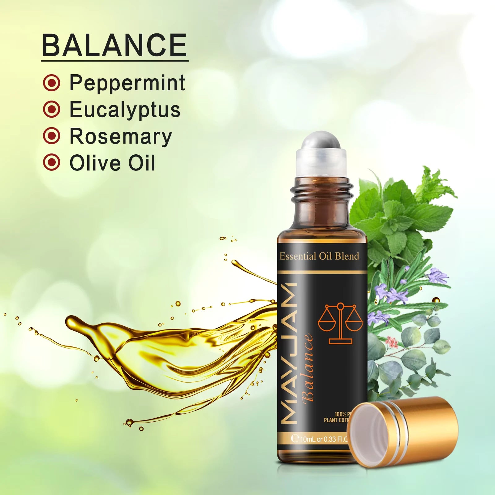 Essential oil blend roll-on bottle with oils mixture for "balance" shown in text