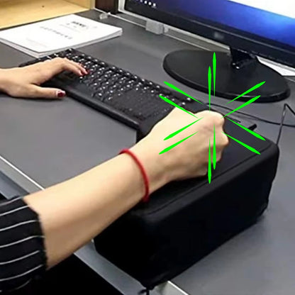 Person  smashing a black big enter key on a desk with a computer setup