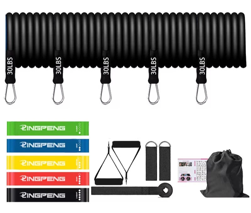 Black Set of resistance bands with multi colour loop bands on a white background