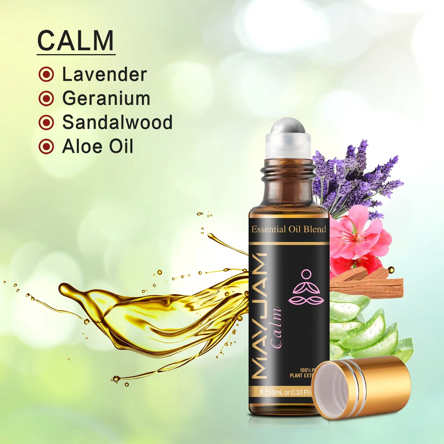 Essential oil blend roll-on bottle with oils mixture for "calm" shown in text