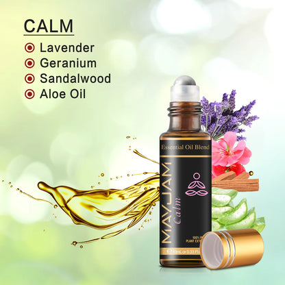 Essential oil blend roll-on bottle with oils mixture for "calm" shown in text