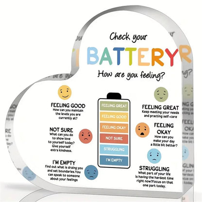 Heart-shaped acrylic plaque with emotional assessment chart and smiley face icons on a white background
