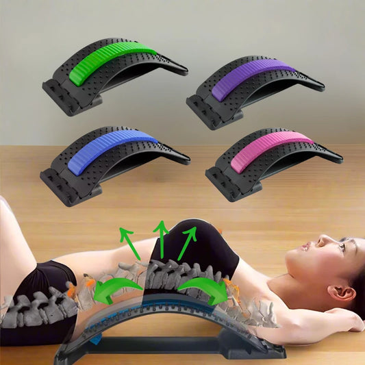 Back stretcher in various colors with a person using it on a wooden surface.