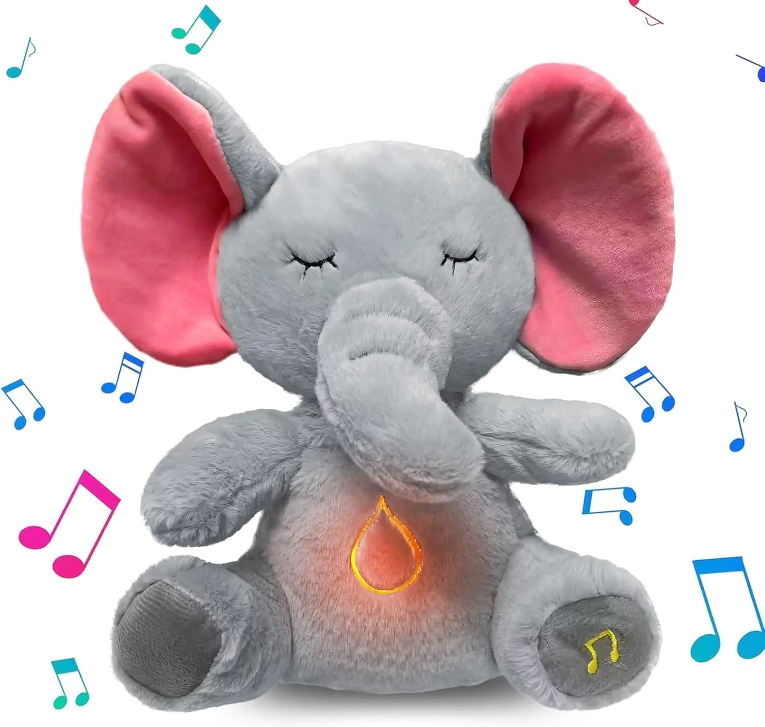 Plush elephant toy with music notes around it on a white background